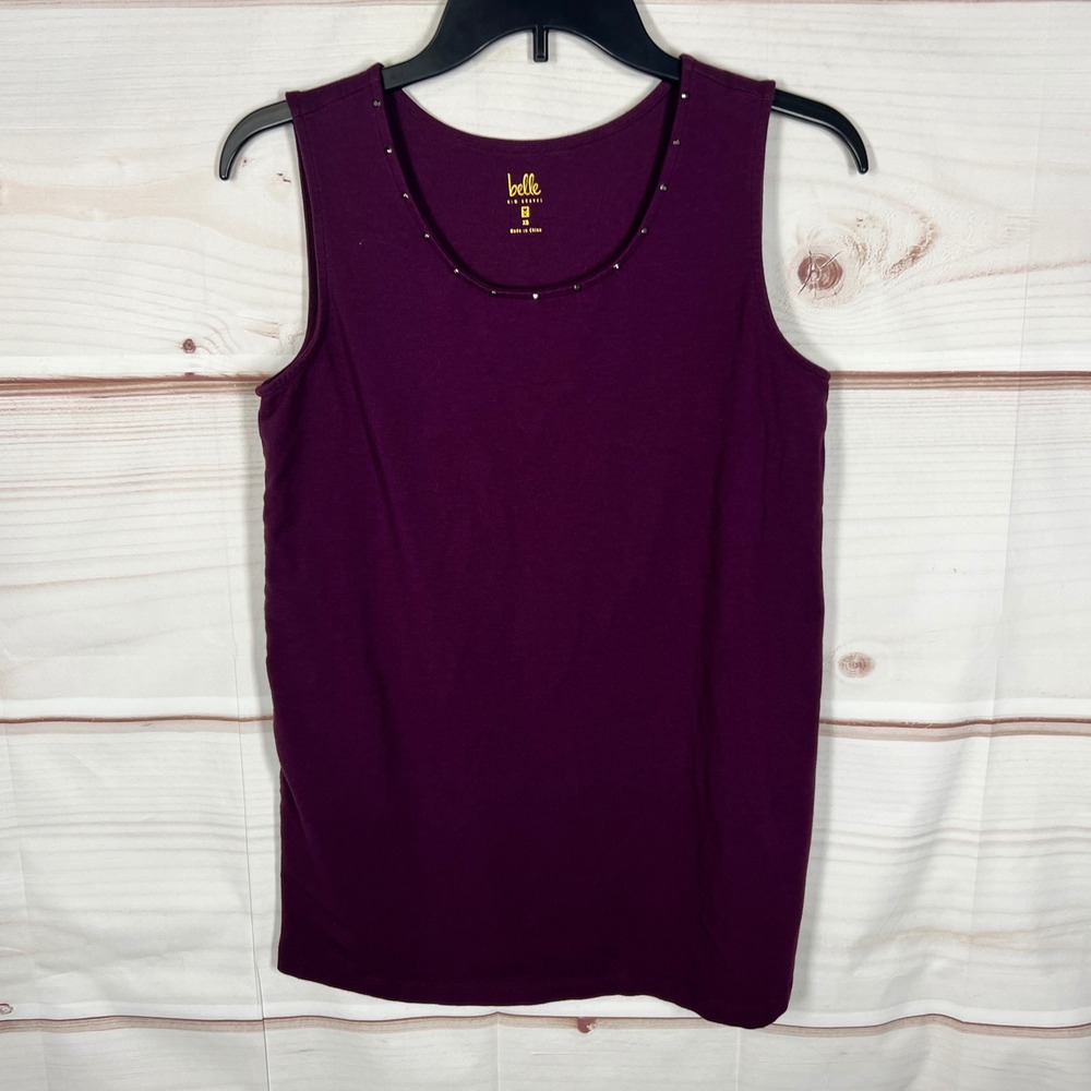 Belle Kim Gravel Tank Top Womens XS Purple Solid Studded Scoop Neck‎ Sleeveless
